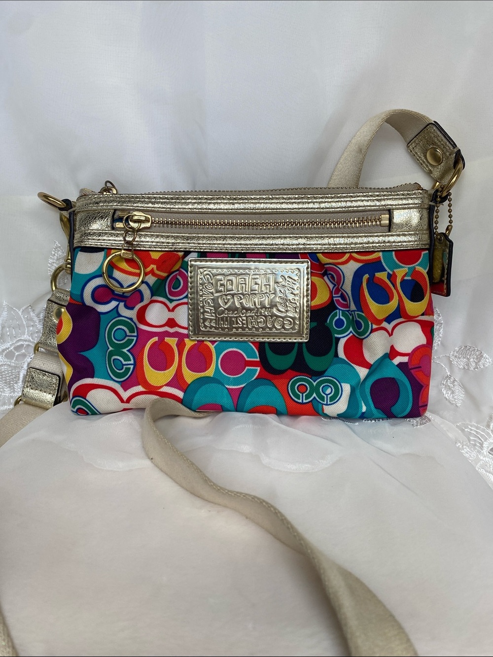 Coach Poppy Multicolor Signature Print Crossbody with Gold Leather Trim